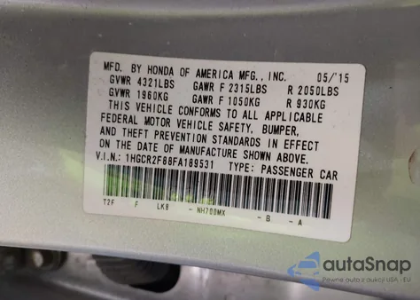 2015 Honda Accord Ex-L из США, поврежденный, VIN 1HGCR2F88FA189531